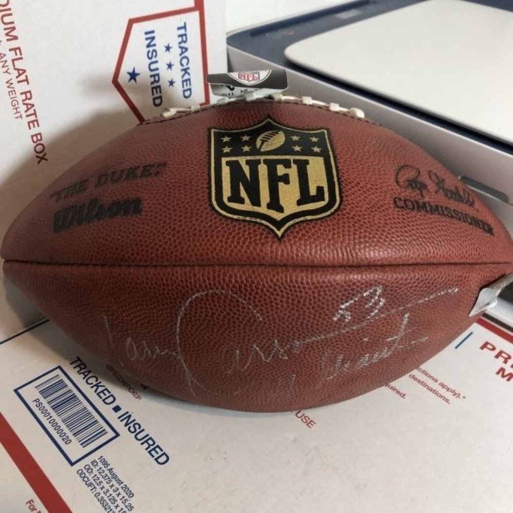 Harry Carson #53 "Giants" Signed The DUKE NFL Football with Halo Sticker